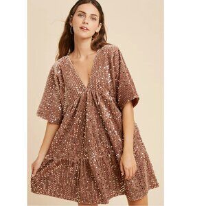 WISHLIST Mauve sequins velvet tiered baby doll dress size M/L